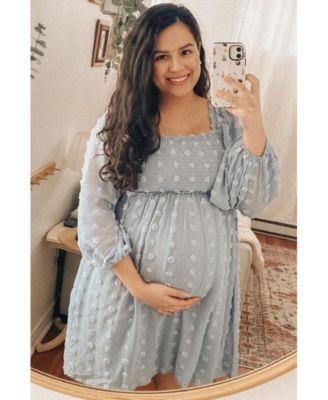 Maternity Pink Textured Dot Smocked Square Neck Chiffon Dress