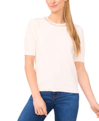 Women's Embellished Neck Trim Short Sleeve Sweater Top
