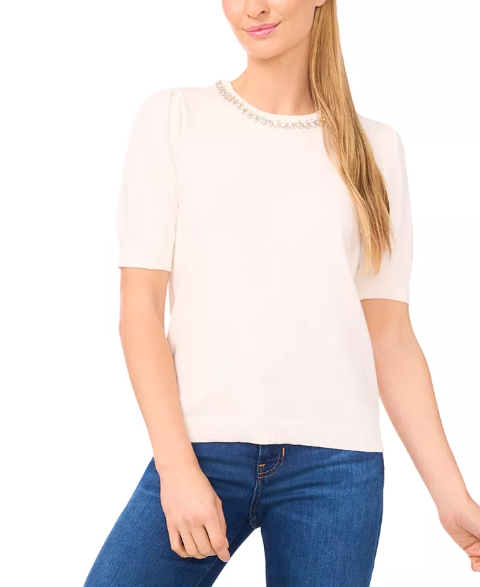 Women's Embellished Neck Trim Short Sleeve Sweater Top - thumbnail 10