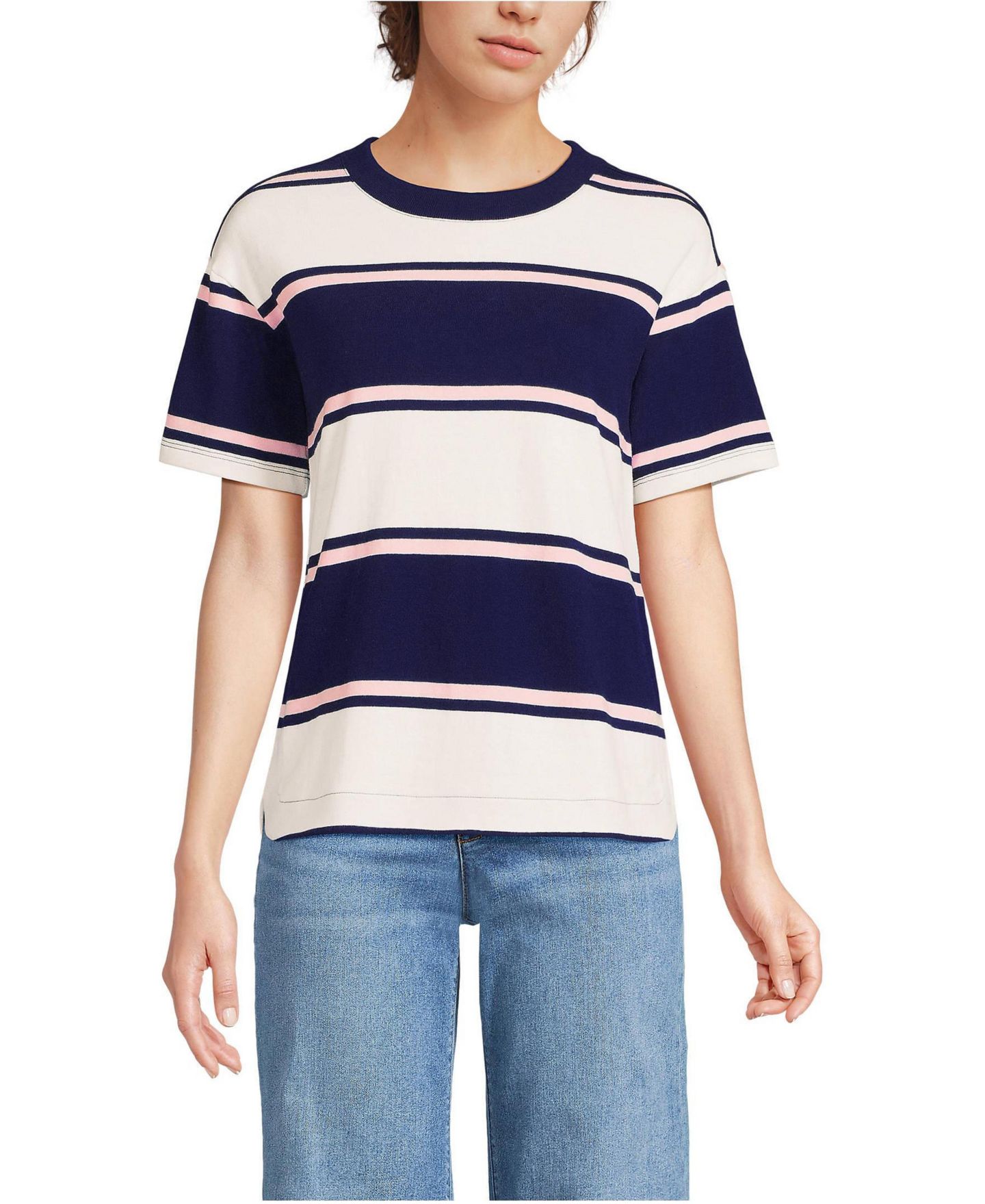 Женская футболка Lands' End Petite Short Sleeve Mariner, цвет: Морской тёмно-синий / Розовый — фото 1