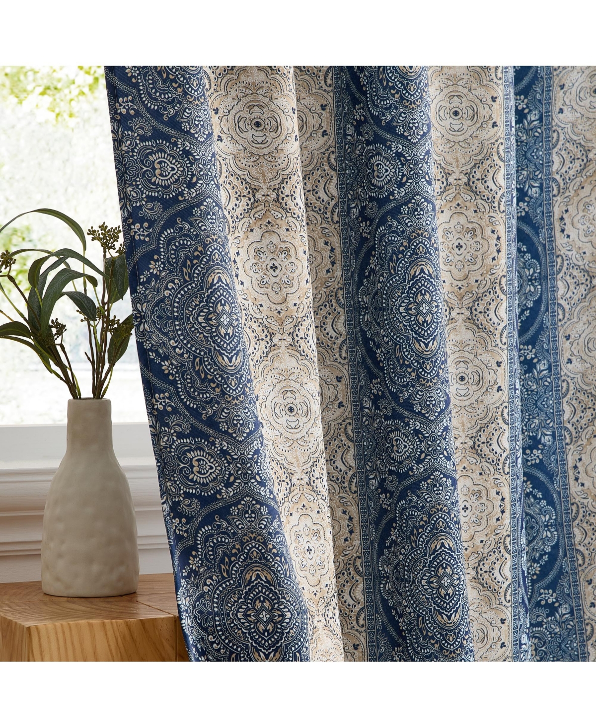 Hlc.me William Boho Damask Striped Patterned Window Back Tab Rod Pocket Curtains Bedroom - Light Blocking Darkening Window Panels