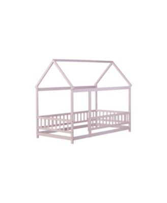 Twin Size House Floor Wooden Bed with Roof Frame Safety Guardrails Pink