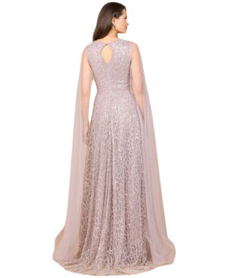 Women's Beaded Lace Gown with Cape Sleeves