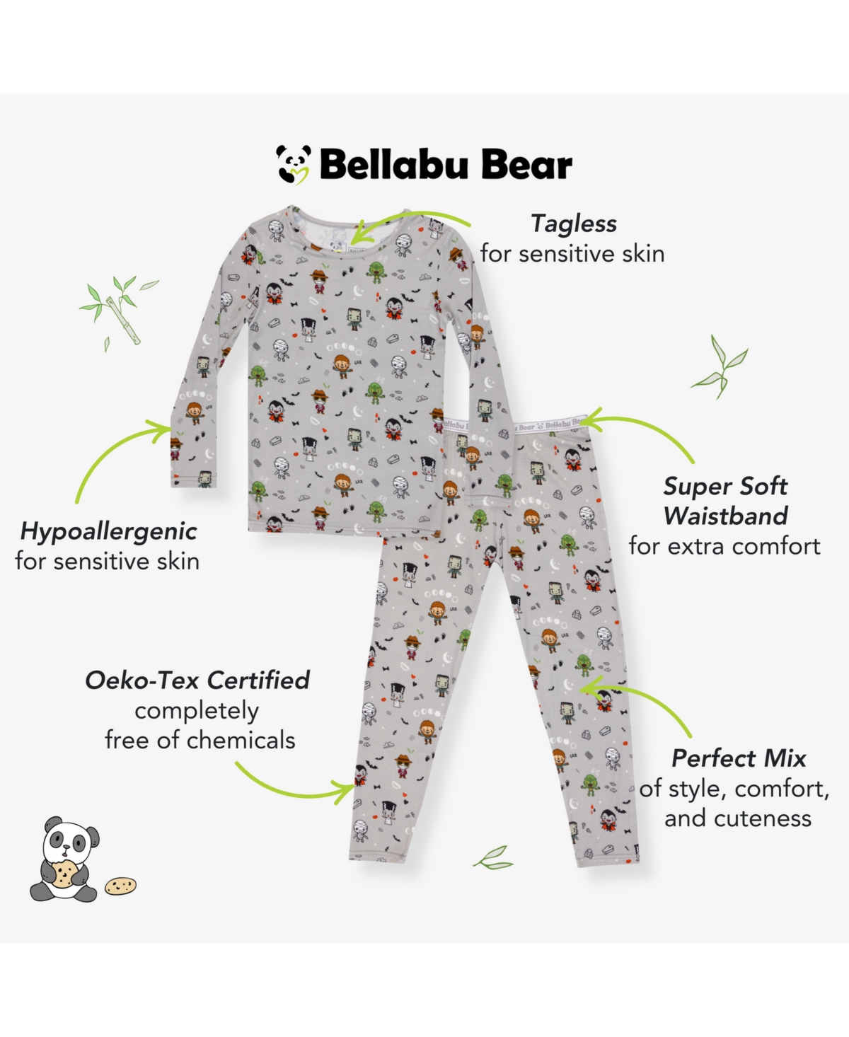 Bellabu Bear Unisex Kids' Little Monsters Set Of 2 Piece Pajamas In Gray