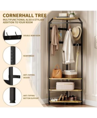 Corner Coat Rack With Shoe Bench and 6 Double Hooks, Corner Hall Tree - Clothes Rack With Storage Hall Tree With Organizer Shelf for Entryway, Hallway, Closet (02-Rustic Brown)