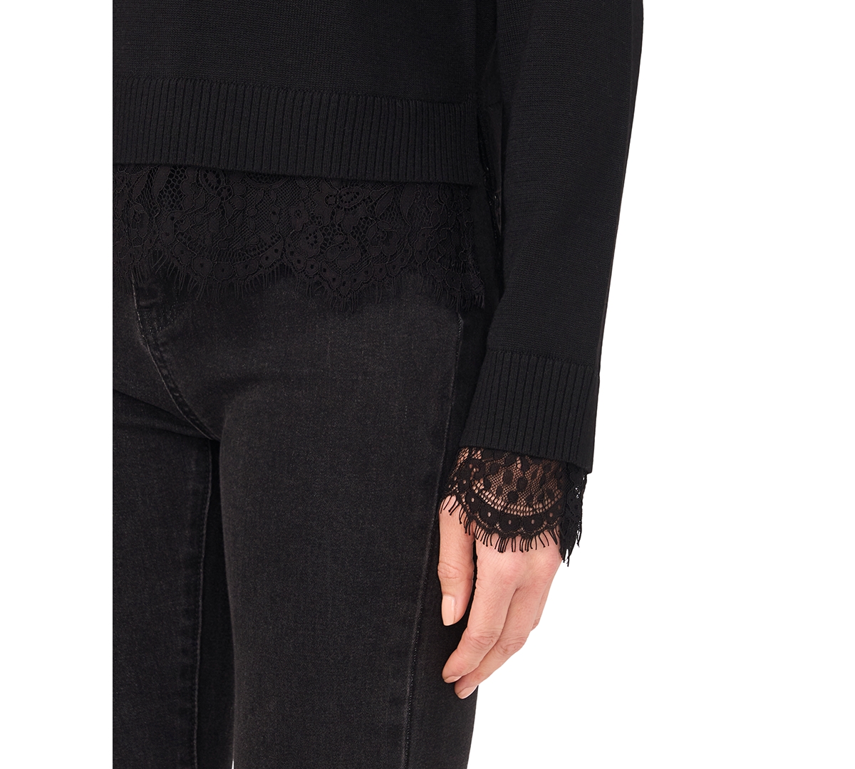 Cece Women's Lace Hem Long Sleeves Sweater In Black