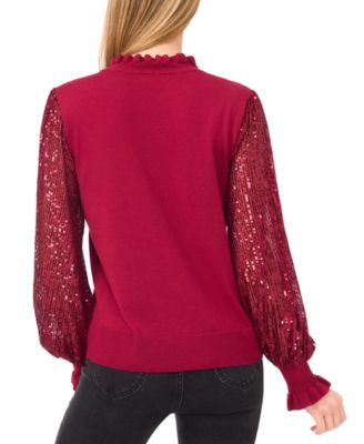 Women's Ruffle Trim Sequin Long Sleeves Sweater