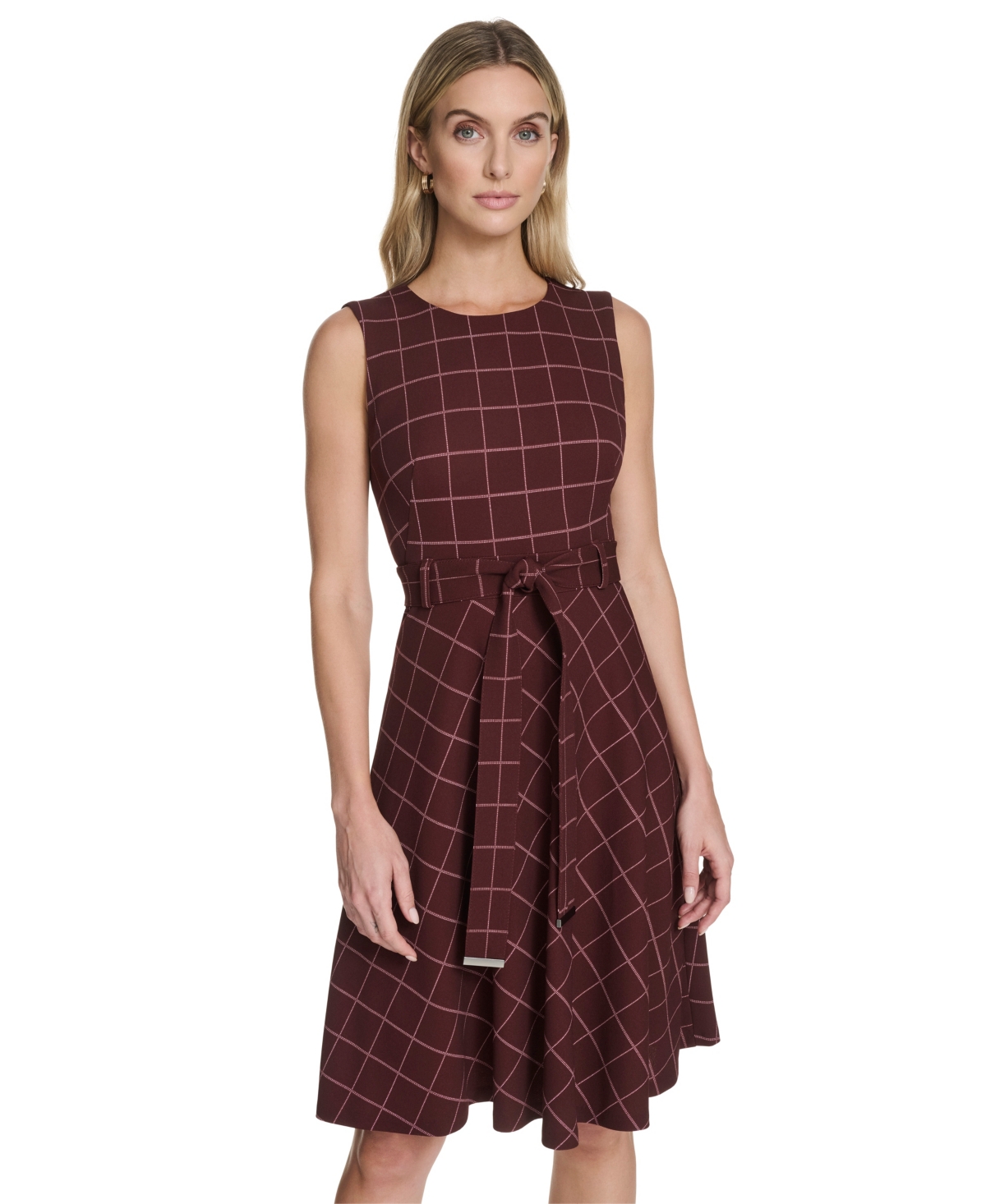 Calvin Klein Women's Belted Fit And Flare Short Dress In Burgundy