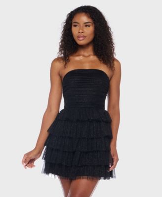 Juniors' Strapless Side-Shirred Tiered Glitter Mini Dress