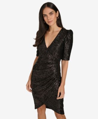 Petite Sequin Puff-Sleeve Dress