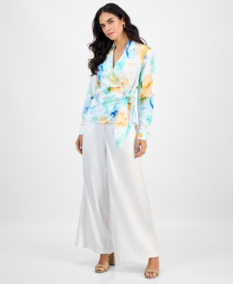 Petite Printed Long-Sleeve Wrap Blouse, Macy's Exclusive 