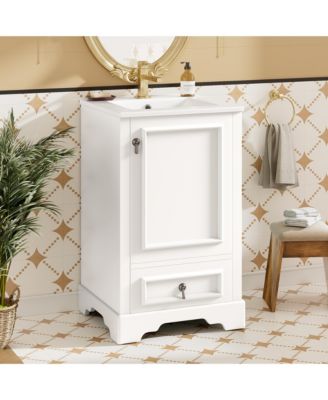 20" Solid Wood And MDF Soft-Close Door, U-Shaped Shelf, Drawer and Storage Rack Bathroom Vanity with Ceramic Sink