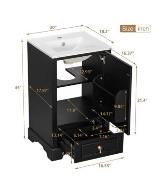 20" Solid Wood And MDF Soft-Close Door, U-Shaped Shelf, Drawer and Storage Rack Bathroom Vanity with Ceramic Sink