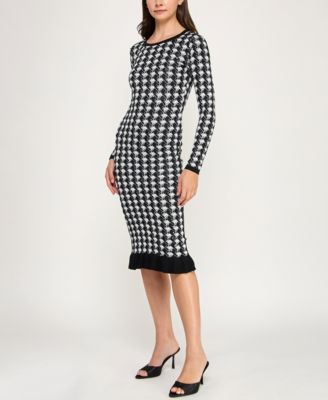 Juniors Sequin Houndstooth Ruffle Hem Midi Sweater Dress