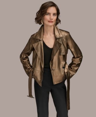Women's Front Zip Metallic Leather Jacket