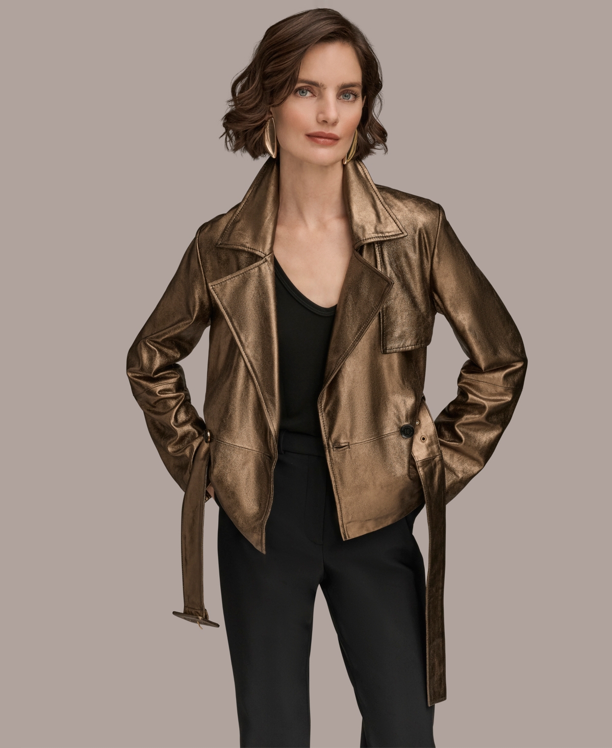 Donna Karan New York Metallic Leather Belted Jacket In Green