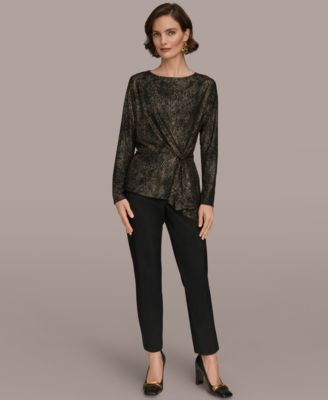 Women's Foil Knit Cinch Waist Long Sleeves Top