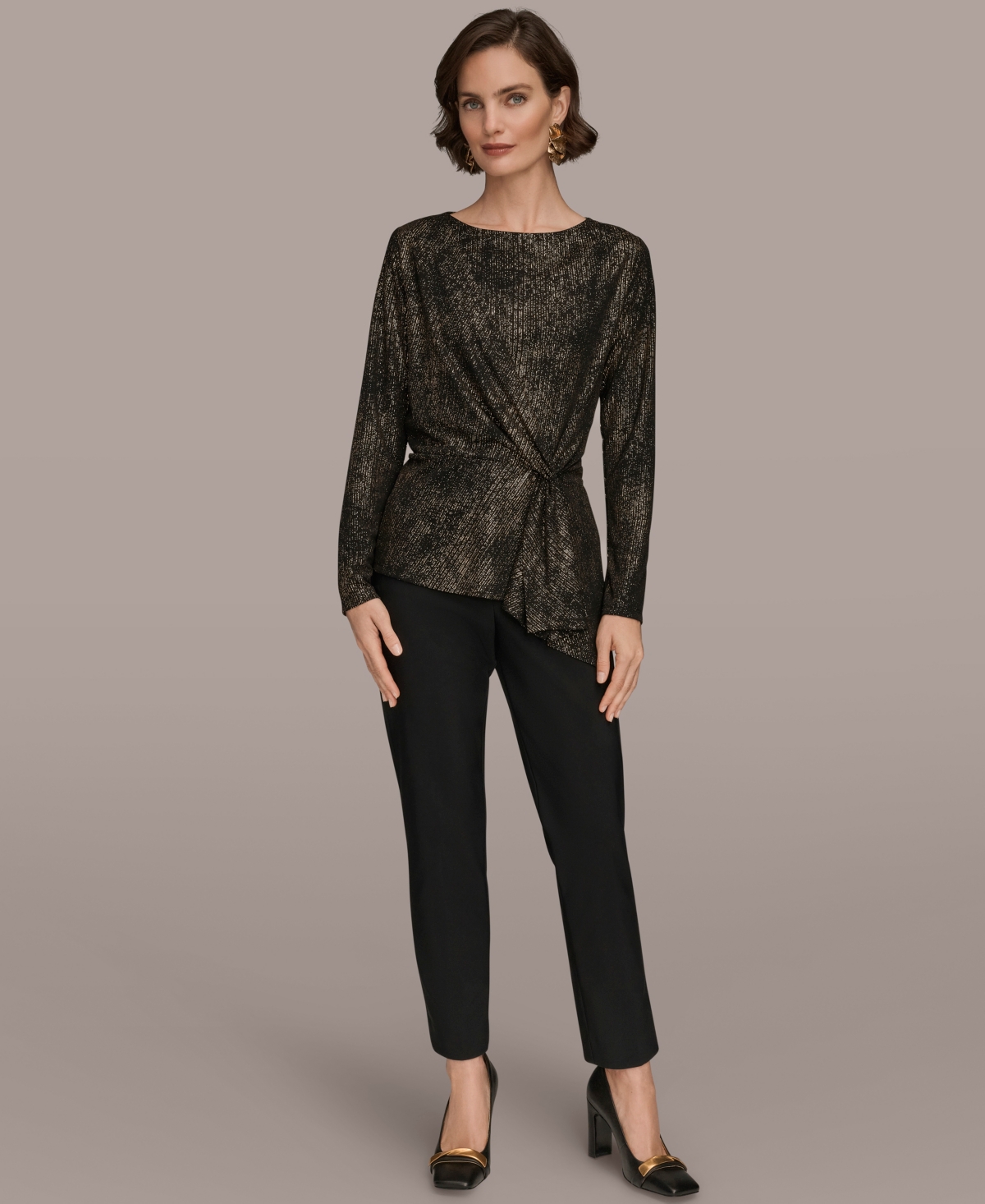 Donna Karan New York Women's Foil Knit Cinch Waist Long Sleeves Top