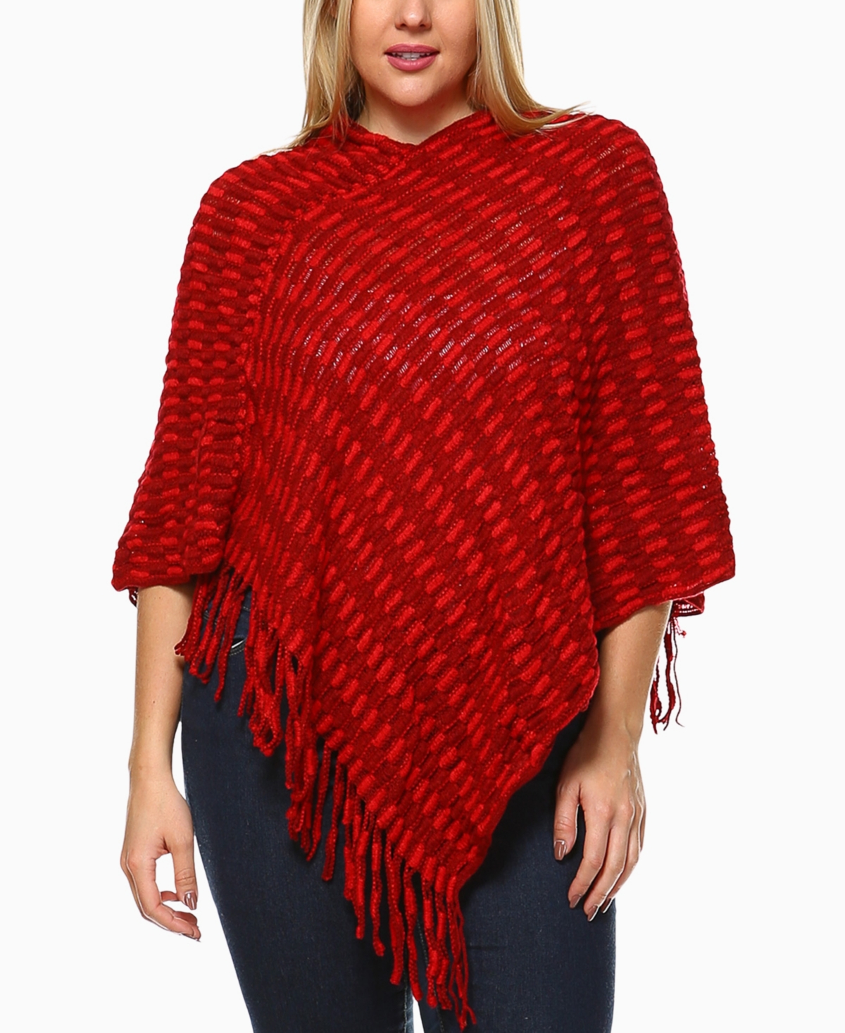 White Mark Plus Size Textured Knit Fringe Poncho In Red