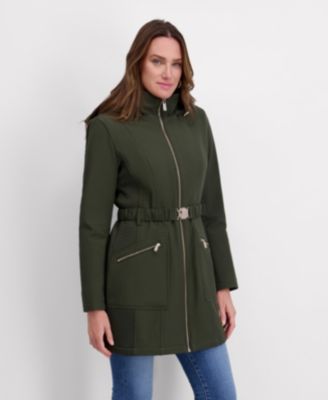 Women's Hooded, Metal Buckle Belted Softshell with Embossed Panels