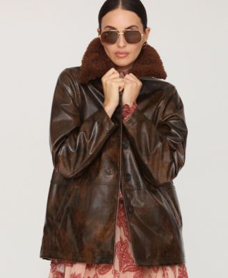 Women's Leather Contrast Collar Coat