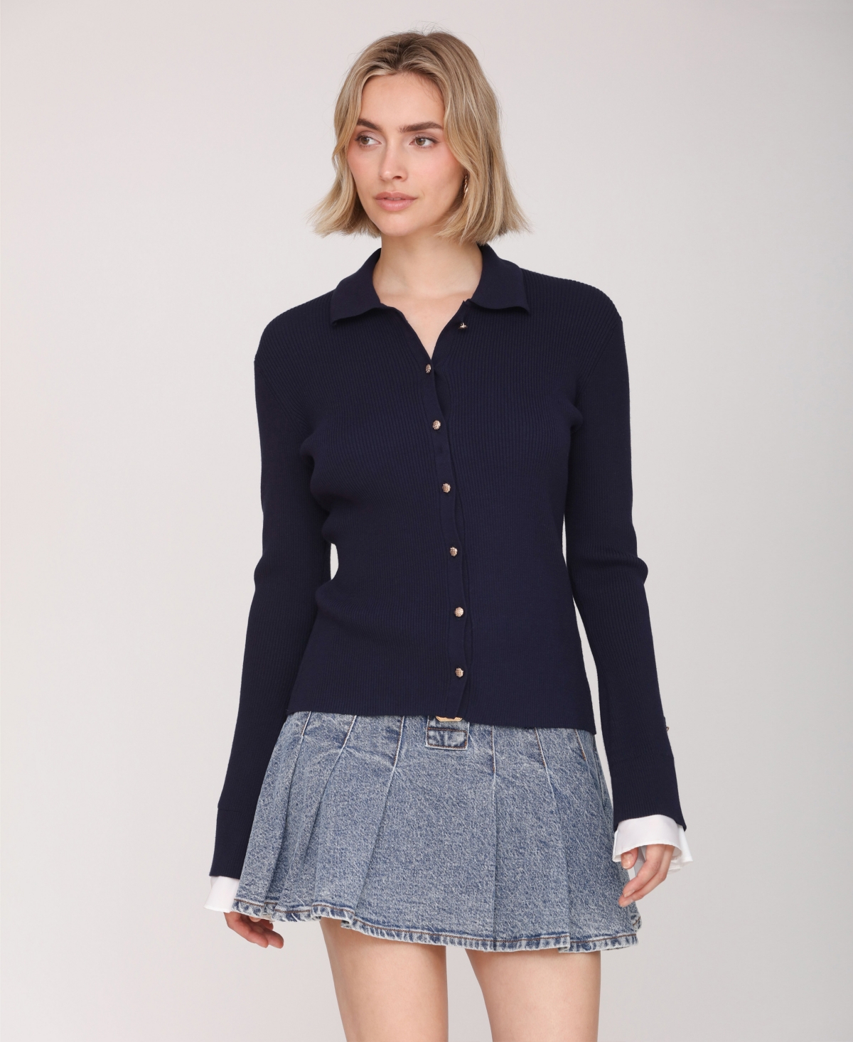 Avec Les Filles Women's Spread Collar Combo Cuff Cardigan In Blue