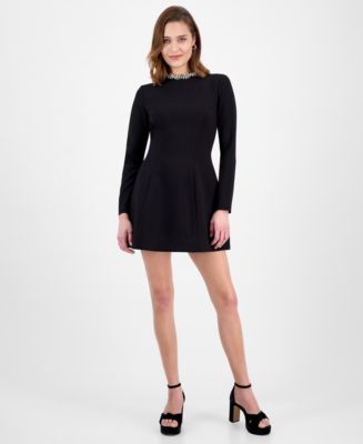 slim fit dress slacks Black Long Flared Sleeves Drape Detail Bodycon Mini Dress | Dress