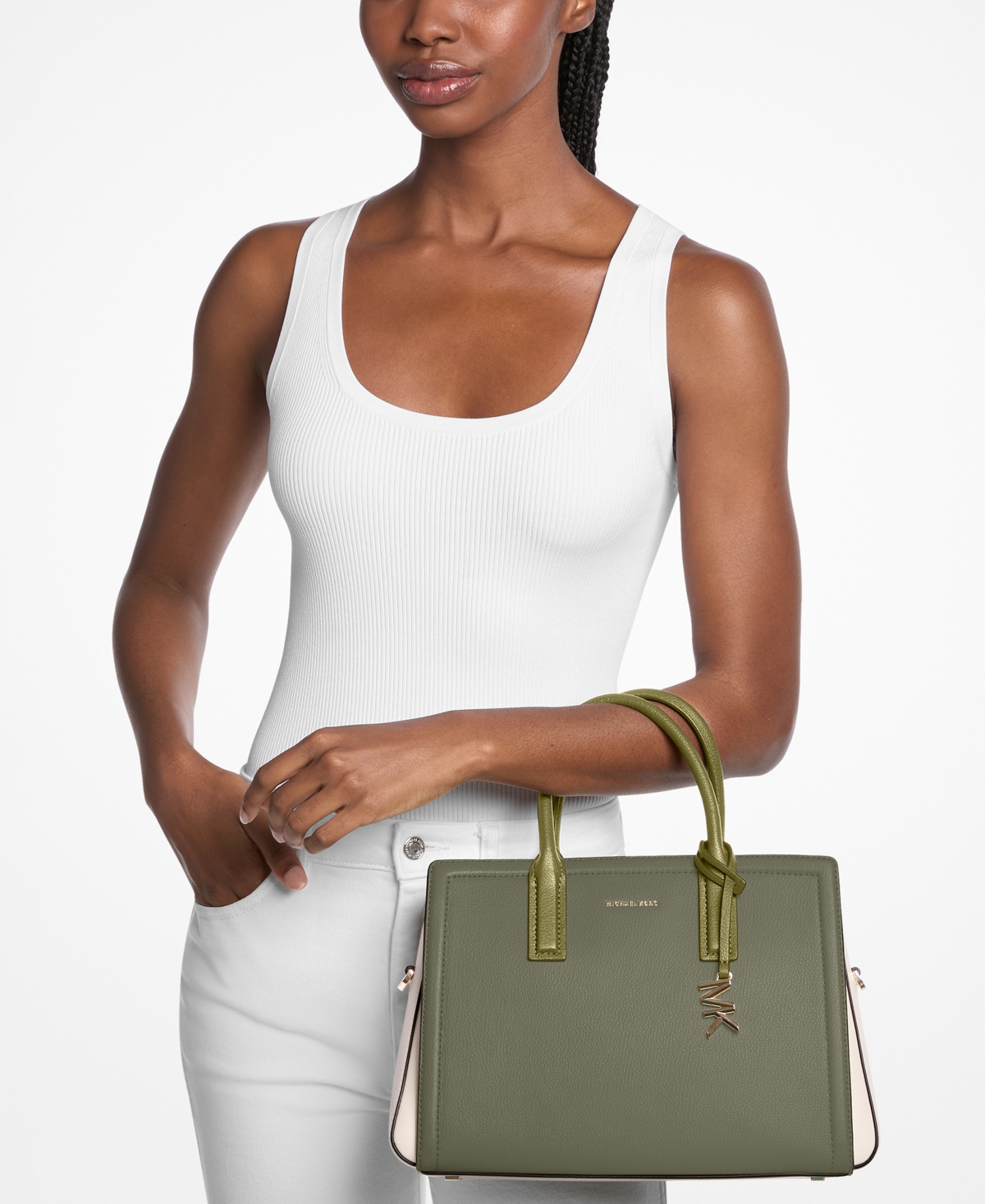 Michael Kors Michael  Laila Medium Color-block Leather Satchel In Green