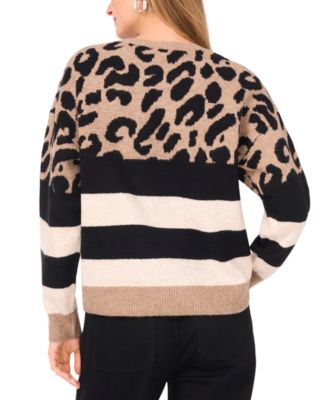 Women's Cozy Crewneck Animal-Print Stripe Long-Sleeve Sweater