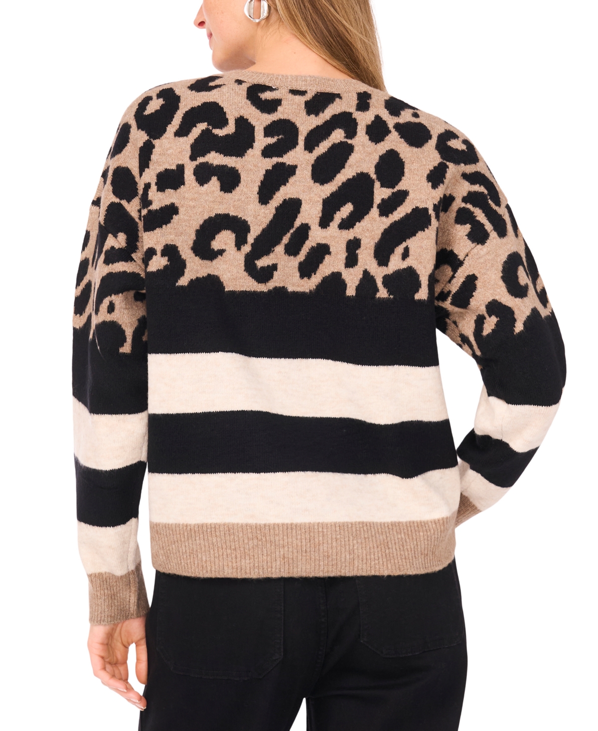 Vince Camuto Women's Cozy Crewneck Animal-print Stripe Long-sleeve Sweater In Multi