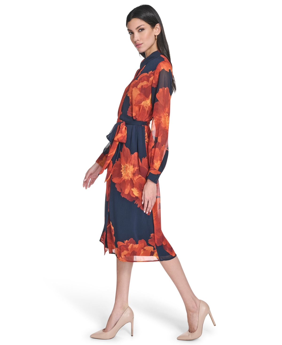 Calvin Klein Petite Printed Button Front Midi Shirtdress In Blue