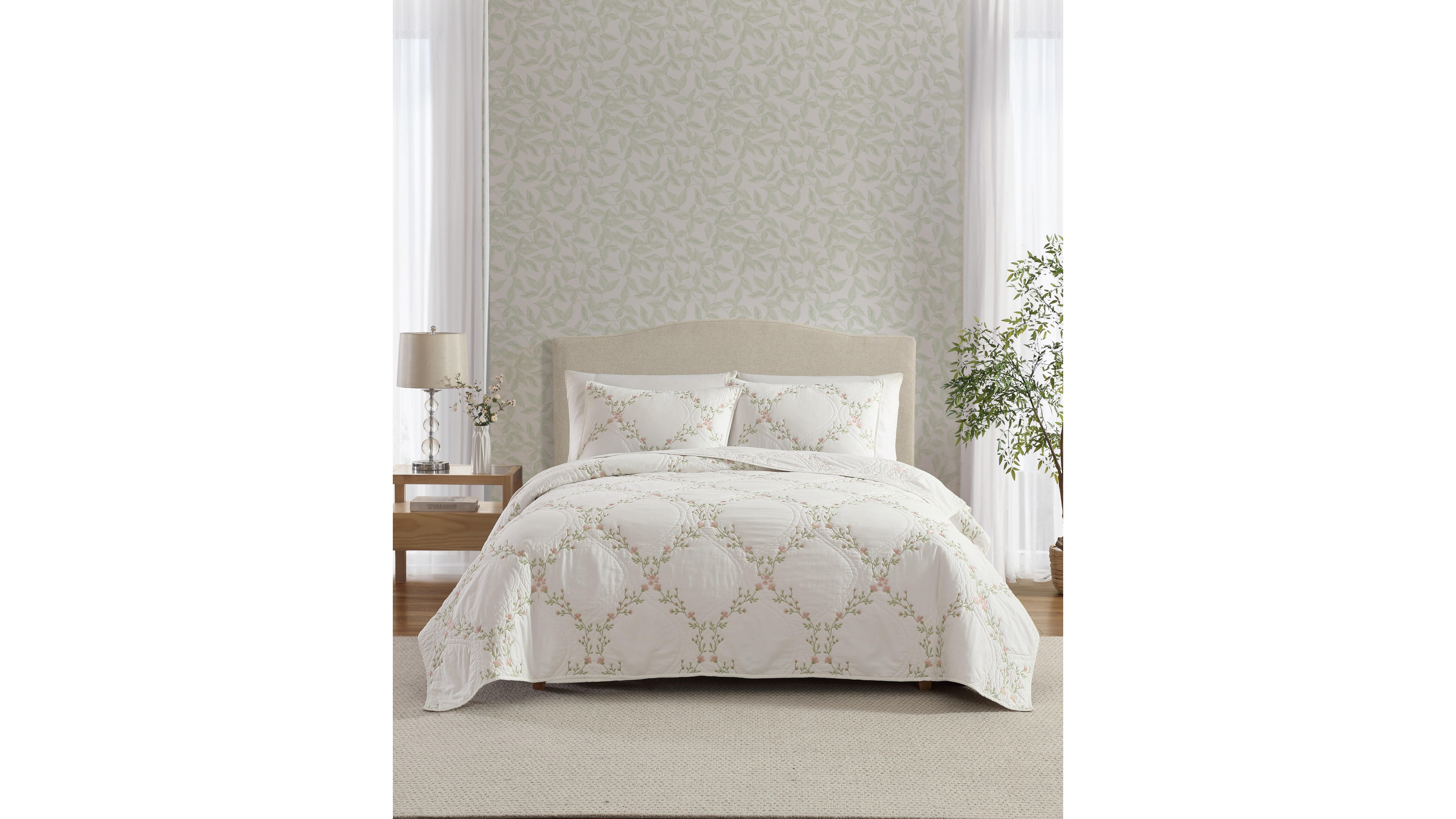 Laura Ashley Floral Embroidery Cotton 3-Pc. Quilt Set, King