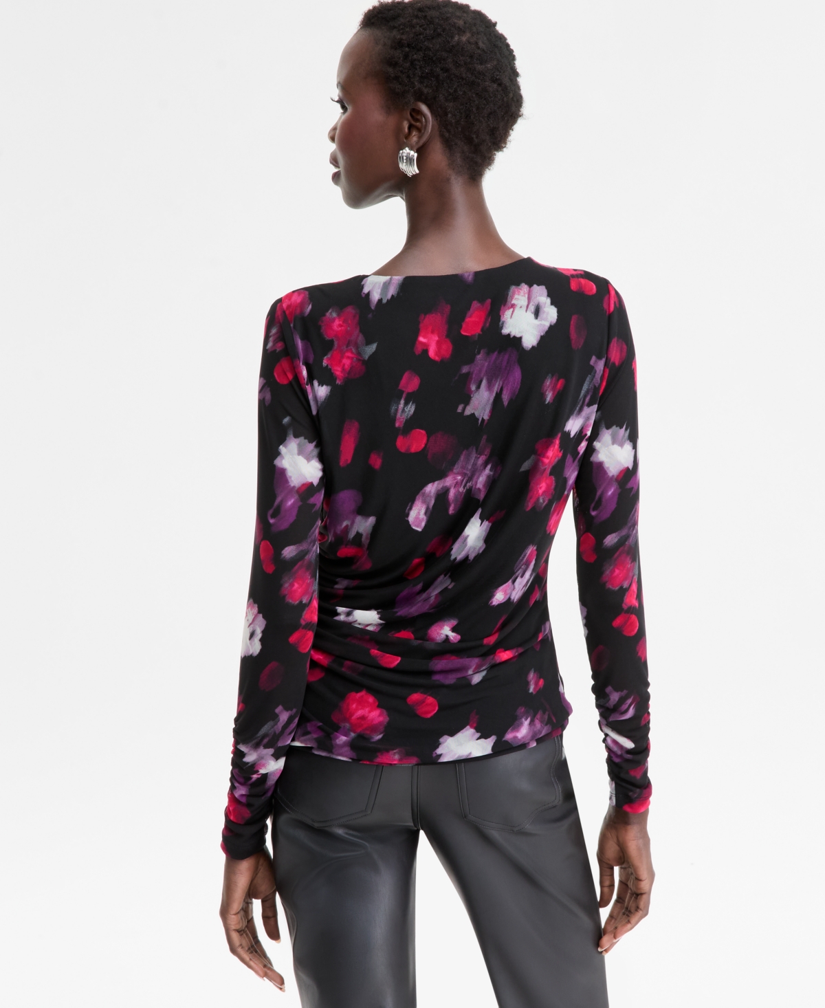 I.n.c. International Concepts Women's Printed Long-Sleeve Draped Mesh Top