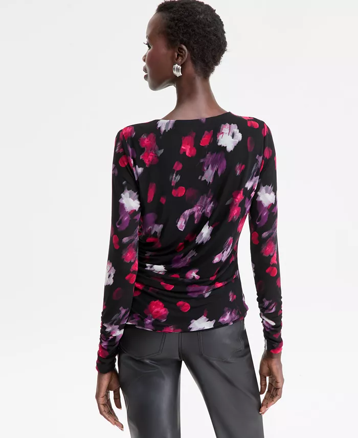 Women's Printed Long-Sleeve Draped Mesh Top - thumbnail 9