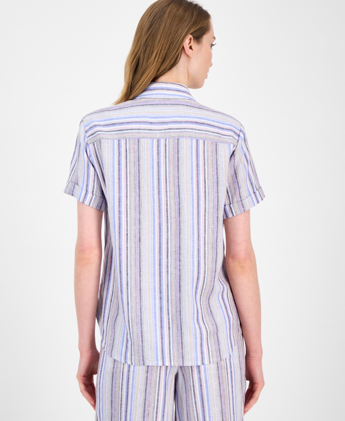 Tommy Hilfiger Women's Striped Short-sleeve Camp Shirt In Blue