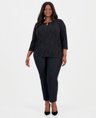 Plus Size 3/4-Sleeve Pleated Keyhole Top