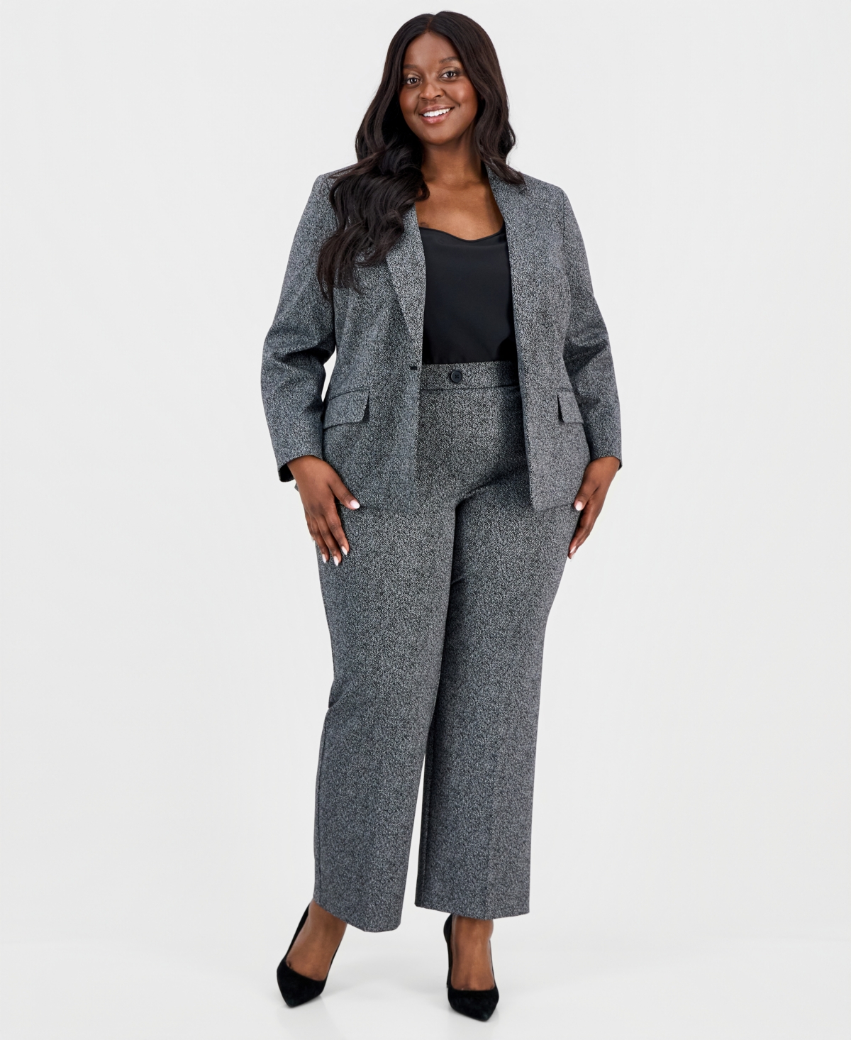 Kasper Plus Herringbone One-Button Blazer