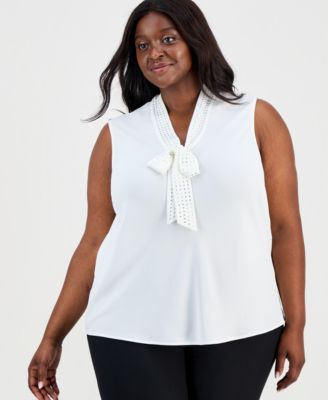 Kasper - Plus Size Embellished Tie-Front Sleeveless Top