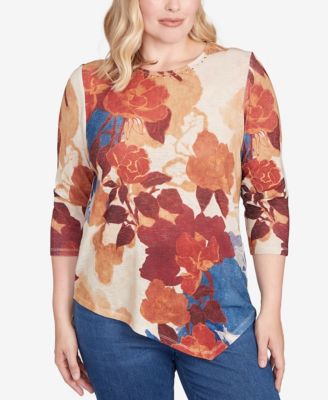 Women's Sunset Canyon Dramatic Abstract Floral Asymmetrical Top