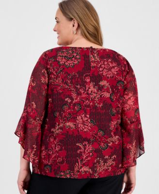 Women's Plus Size Floral Ruffle Sleeve Top