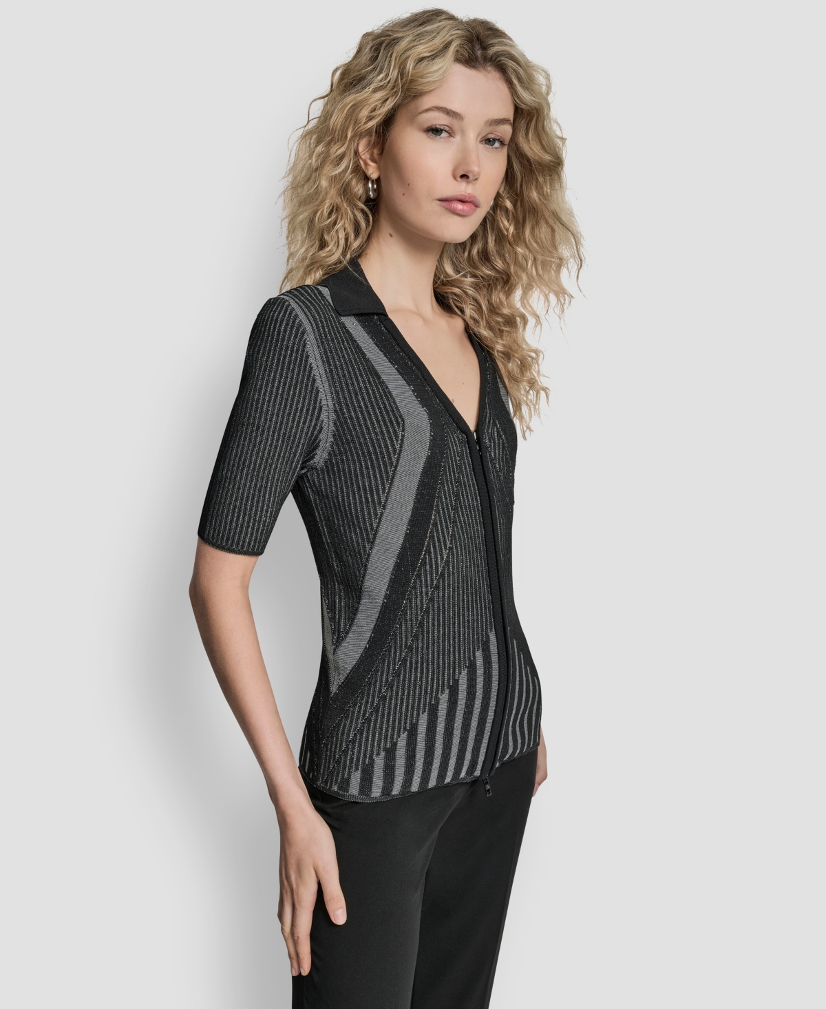 Dkny Women's Zip Up Short Sleeve Sweater In Black