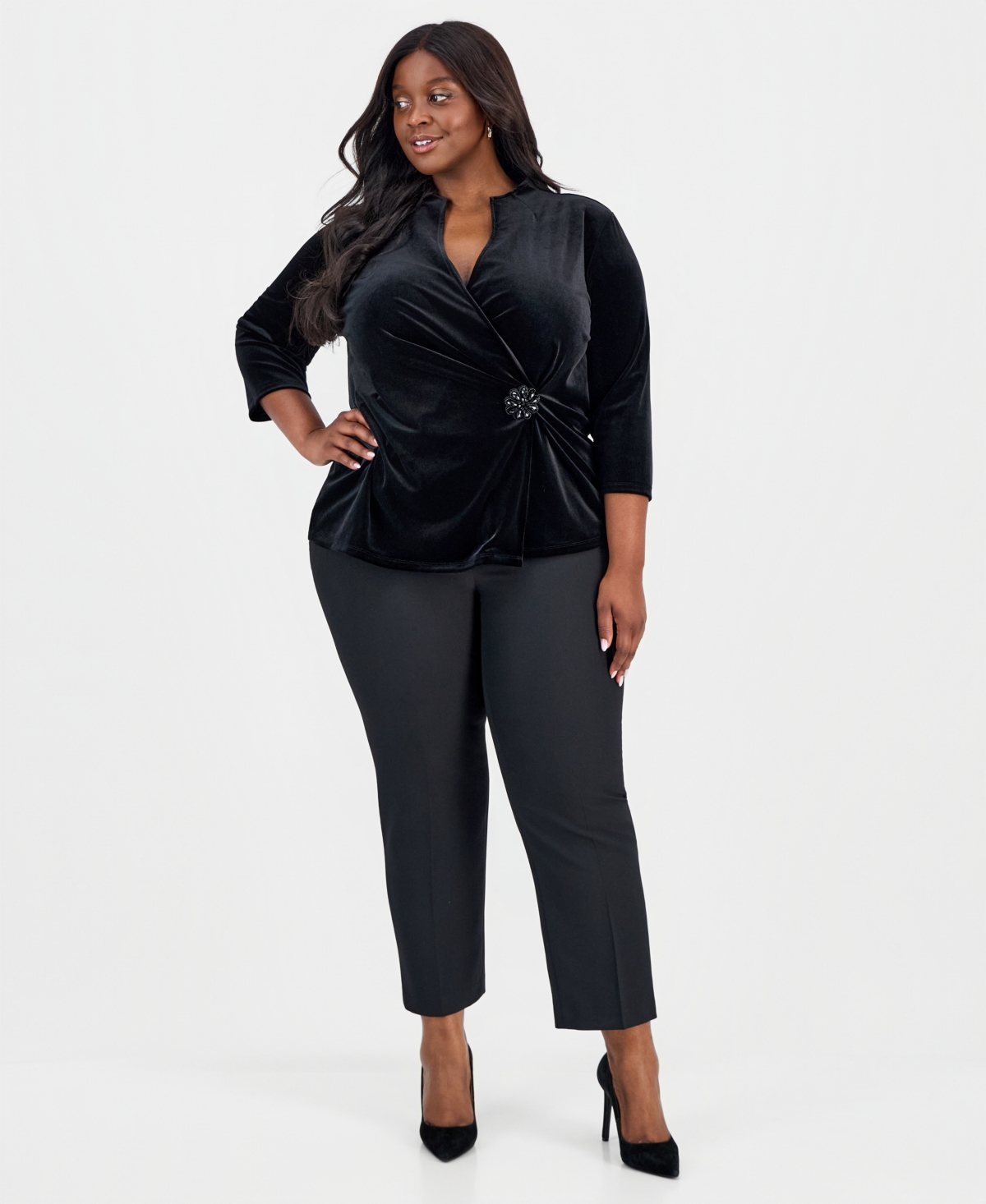 Kasper Plus Size Velvet Embellished Wrap Top In Black
