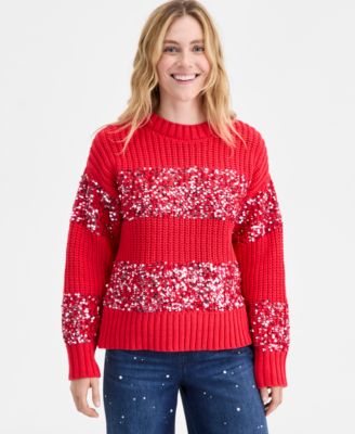 Women's Sequin Stripe Crewneck Sweater, Macy's Exclusive