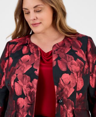 Plus Size Floral Jacquard One-Button Blazer