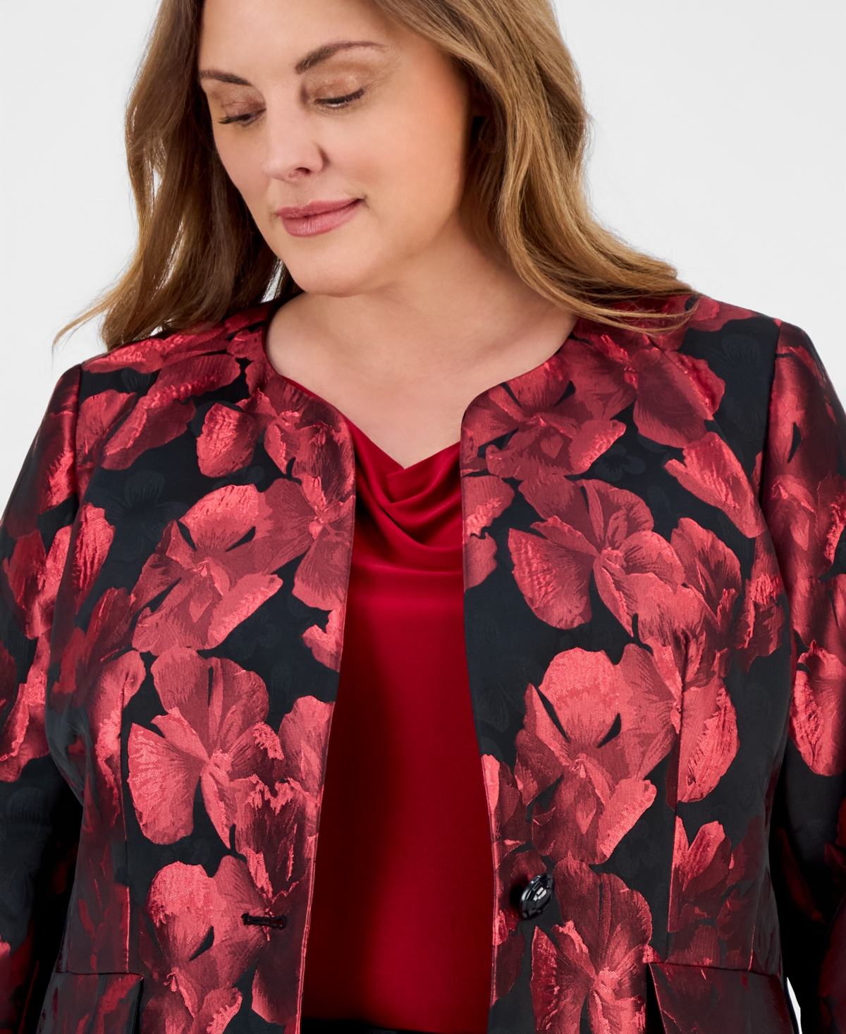 Kasper Plus Floral Jacquard One-Button Blazer
