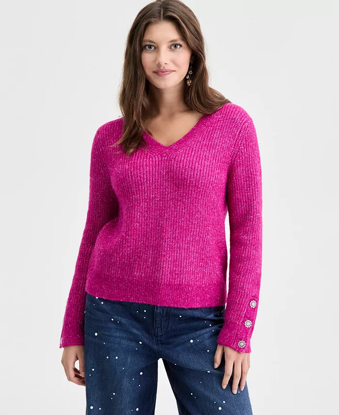 Women's V-Neck Jewel-Button-Cuff Sweater