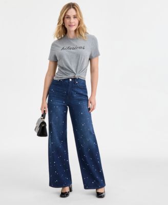 On 34th - Women's Midnight-Wash Embellished Wide-Leg Jeans