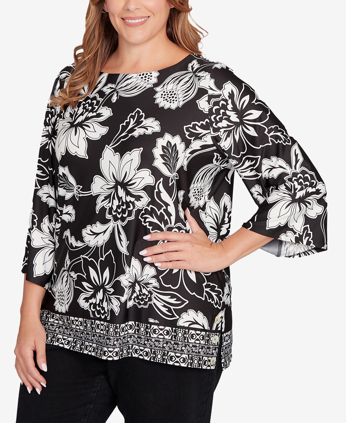 Ruby Rd. Plus Size Floral Geo Border Knit Top In Multi