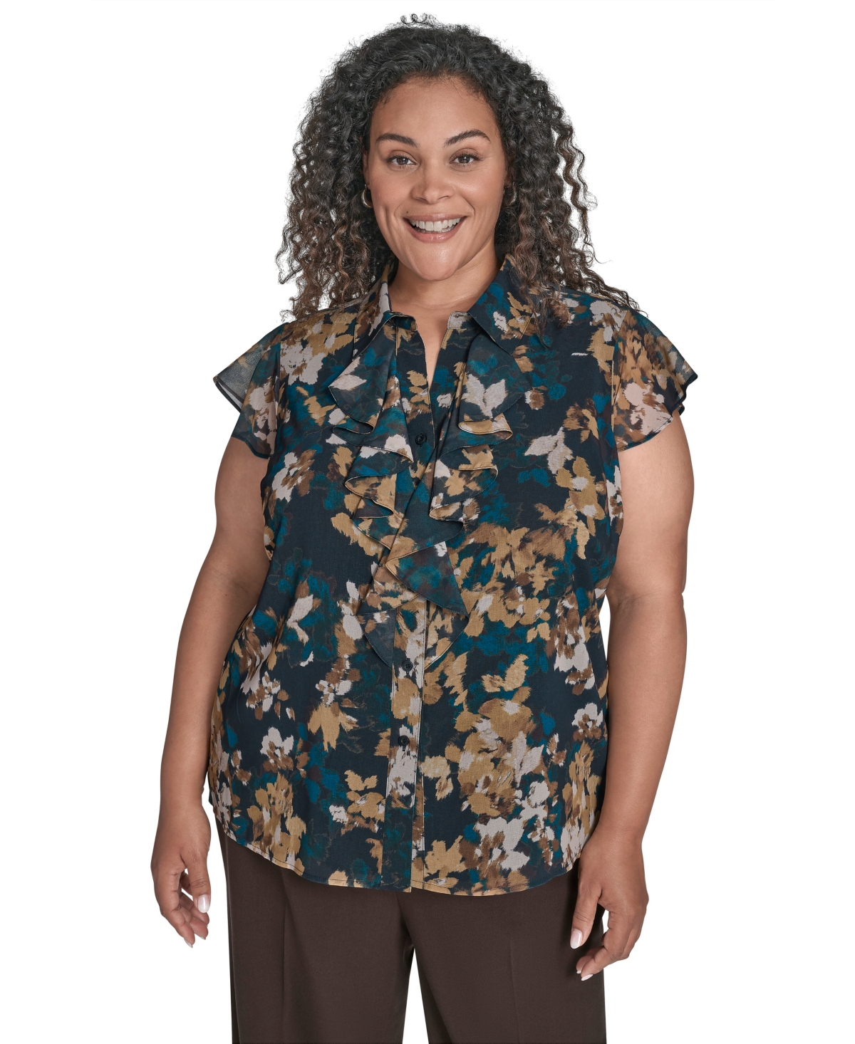 Calvin Klein Plus Size Printed Cap-sleeve Ruffle-front Blouse In Multi