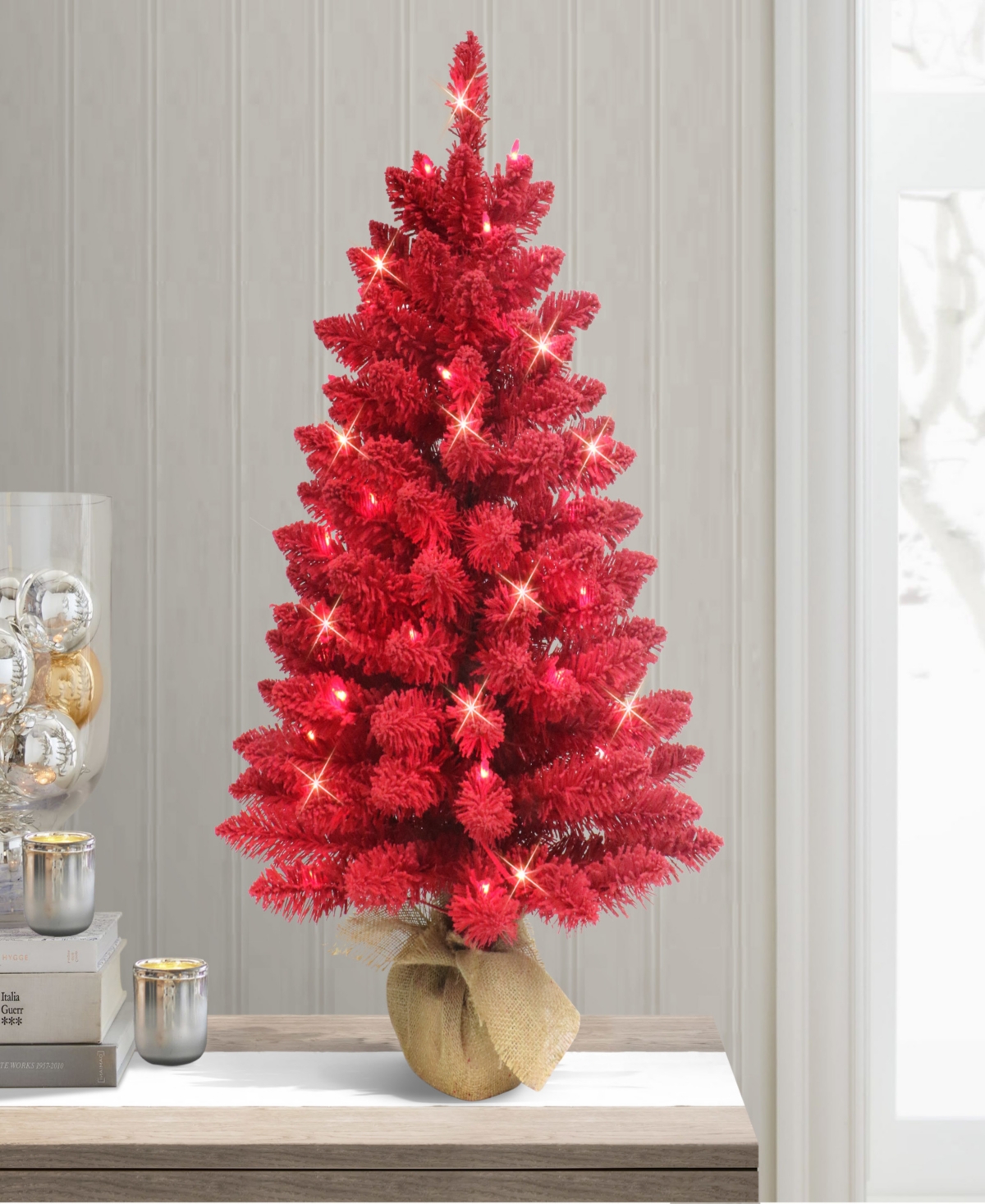 Puleo 3' Pre-lit Artificial Flocked Fashion Tree In Red